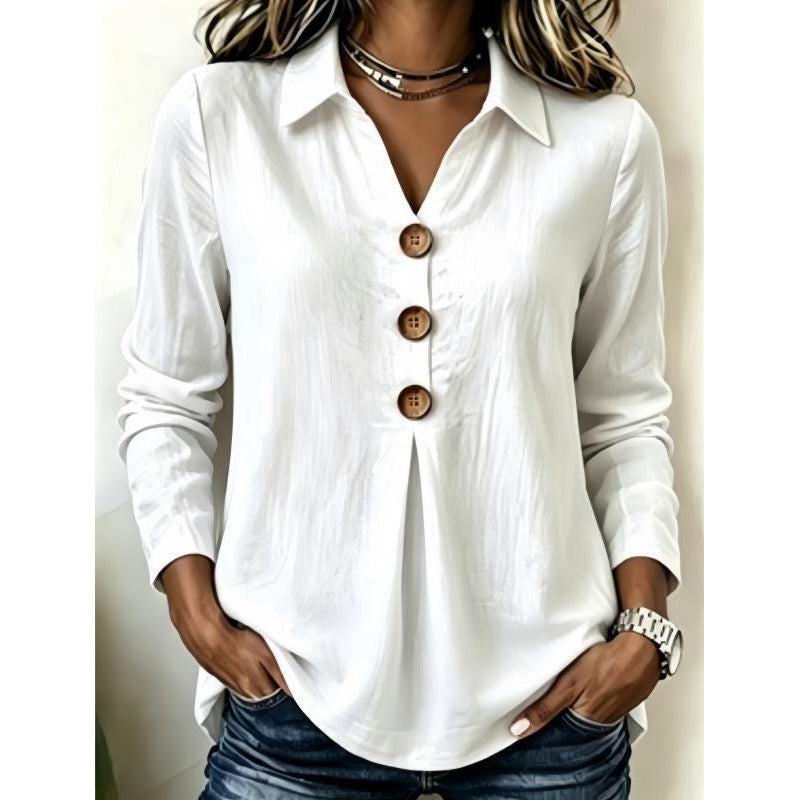 Women's long sleeve blouse with wooden button placket and front pleat Mune Fashion