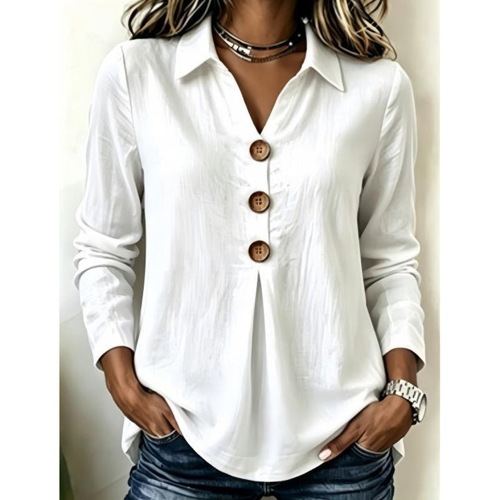Women's long sleeve blouse with wooden button placket and front pleat Mune Fashion