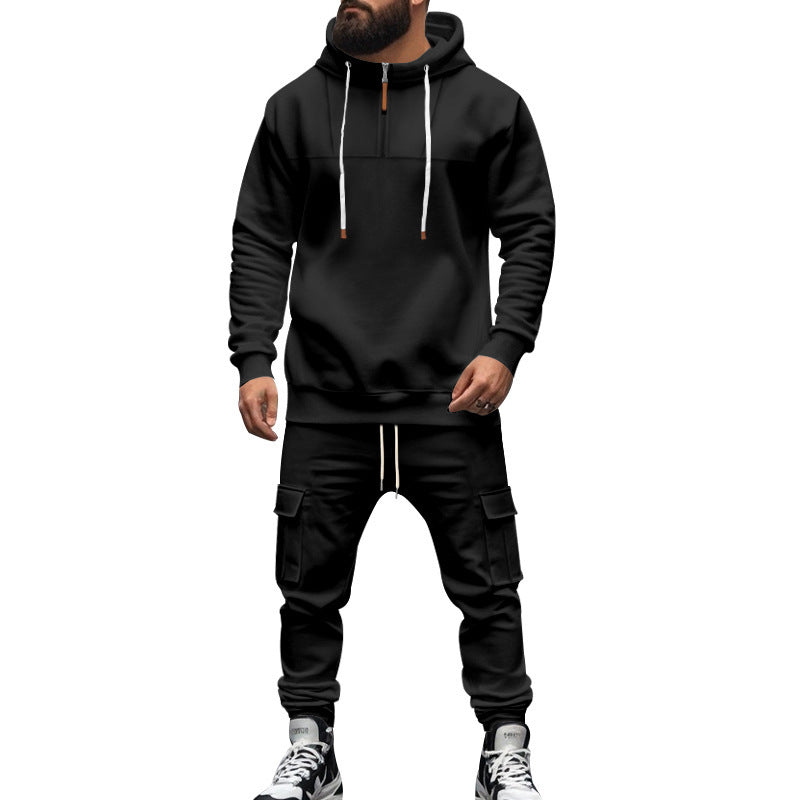 Men's cargo-style hooded sweatshirt and jogger set with short chest zipper and flap pockets Mune Fashion
