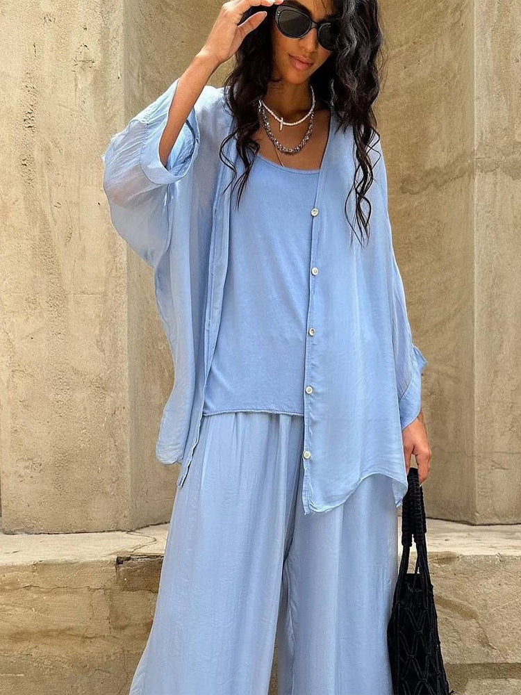 Women's Three-Piece Loungewear Set made of light viscose with oversized blouse, top and wide palazzo pants Mune Fashion