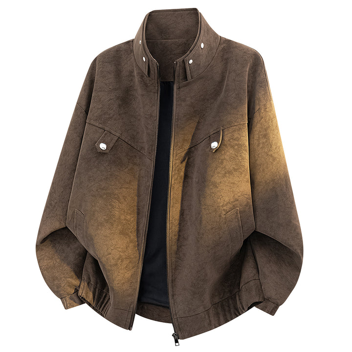 Men's Oversized Velvet-Optic Bomber Jacket with High Stand-Up Collar, Asymmetrical Chest Yoke & Elastic Hem Mune Fashion