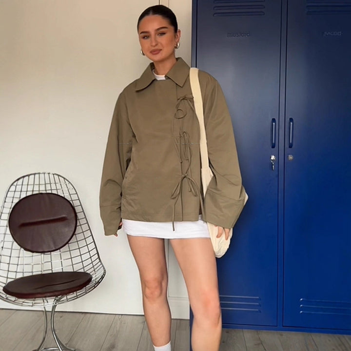 Women's Oversized Shirt Jacket with Decorative Knot Closures and Shirt Collar Mune Fashion