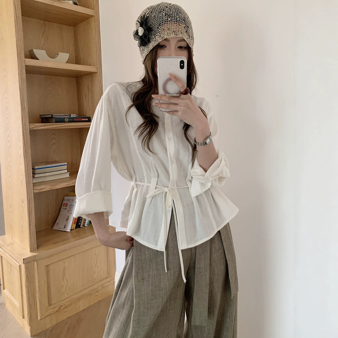 Women Light Cotton Gauze Blouse with Drawstring Waist and Stand-Up Collar Mune Fashion