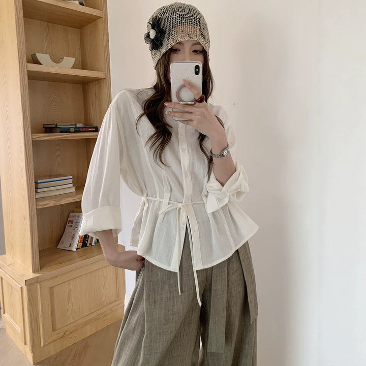 Women Light Cotton Gauze Blouse with Drawstring Waist and Stand-Up Collar Mune Fashion