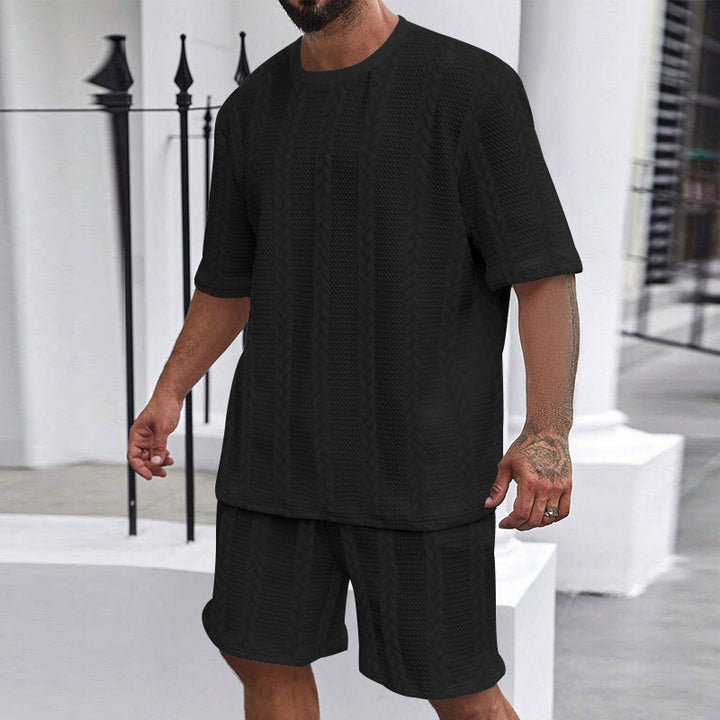 Men's relaxed braid-knit leisure set with wide short-sleeve shirt and elastic Bermuda Mune Fashion