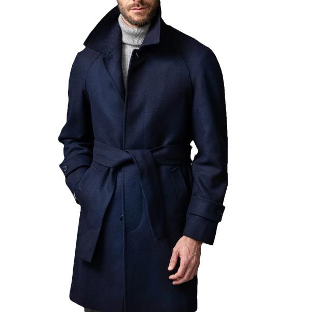 Men's Tailored Coat with Tie Belt, Concealed Button Placket and Classic Lapels Mune Fashion