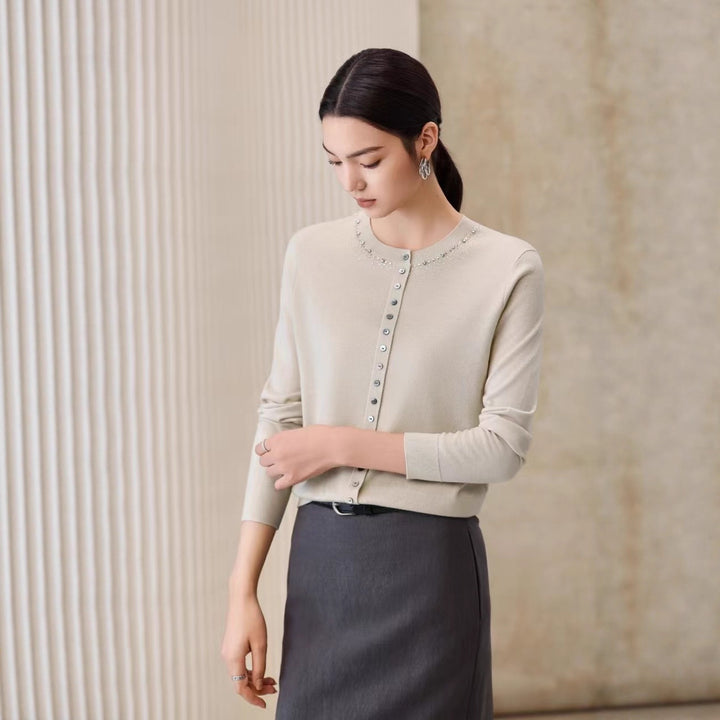 Women Fine Fine Knit Cardigan with Bead Decor at Crew Neck