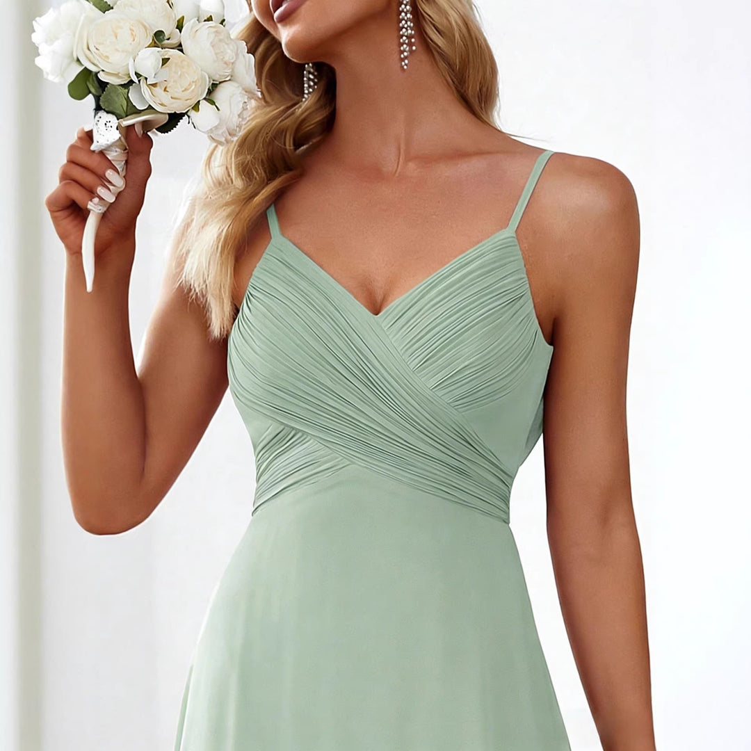 Ladies flowing chiffon evening dress with crossed draping, empire waist and fine spaghetti straps Mune Fashion