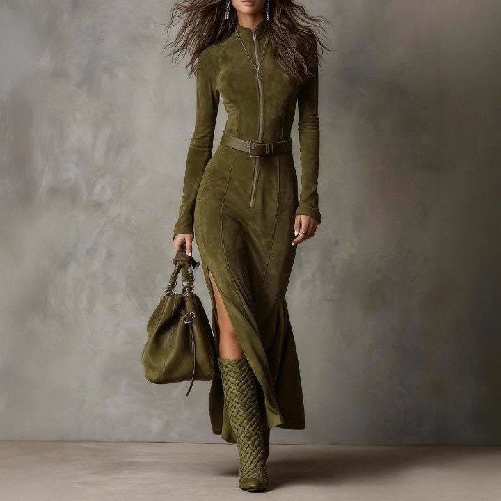Women's Figure-Hugging Midi Dress Made of Faux Suede with Stand-Up Collar and Central Zipper Mune Fashion