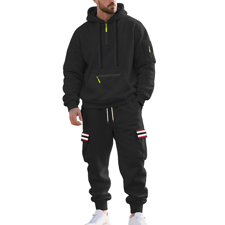 Men's Cargo Hoodie and Jogging Pants Set with Half Zip, Zipper Kangaroo Pocket and Elastic Drawstring Waist Mune Fashion