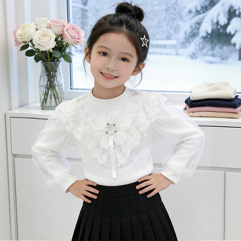 Girls elegant blouse with floral appliqués and transparent lace Mune Fashion