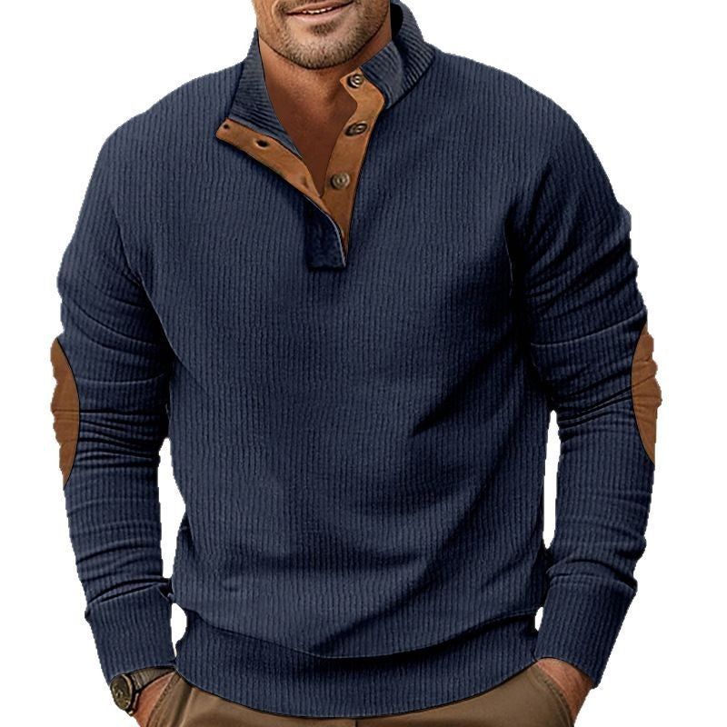 Men's ribbed Henley long sleeve shirt with stand collar and leather elbow patches Mune Fashion