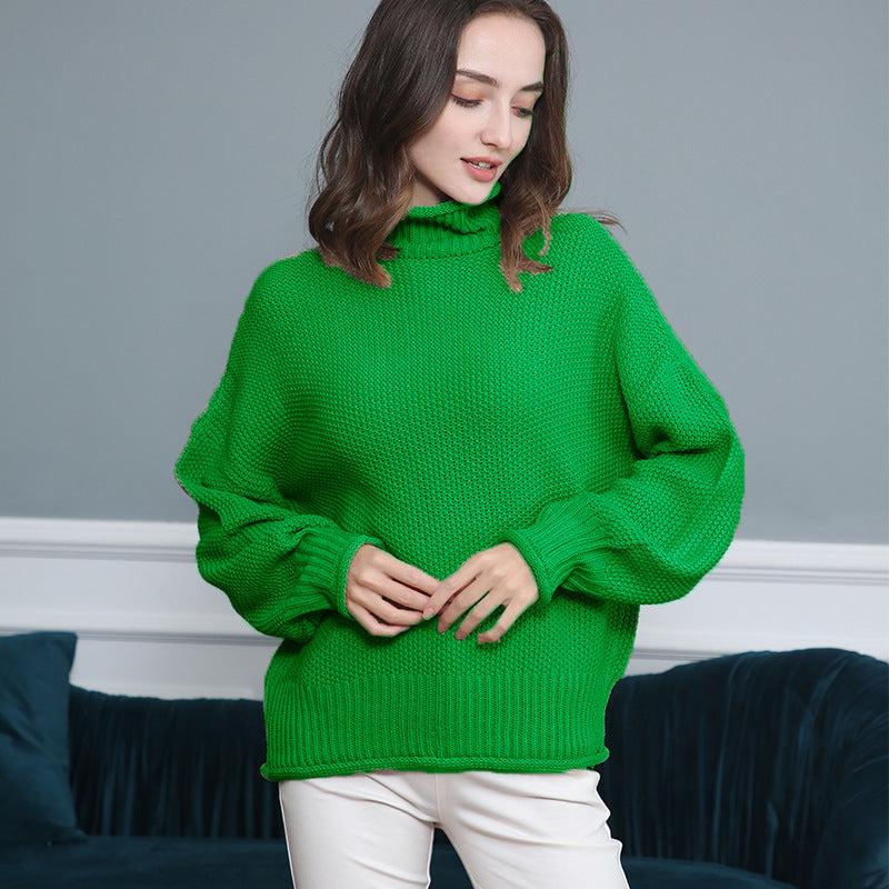 Women's Chunky Knit Turtleneck Sweater with Balloon Sleeves Mune Fashion