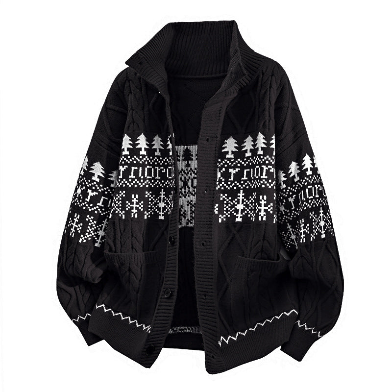 Women's knitted Norwegian cardigan with stand-up collar, cable pattern, and patch pockets Mune Fashion