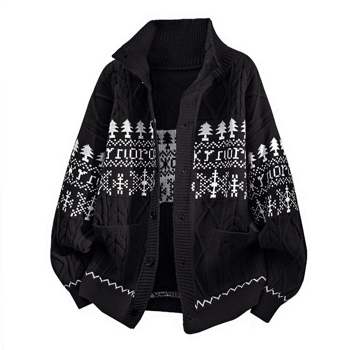 Women's knitted Norwegian cardigan with stand-up collar, cable pattern, and patch pockets Mune Fashion