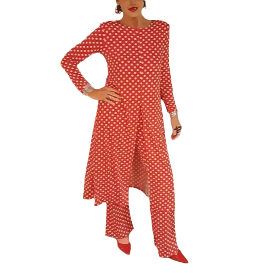 Women Nan Polka Dot Lounge Set with Long A-Line Tunic, Center Front Slit, and Wide Palazzo Pants Mune Fashion