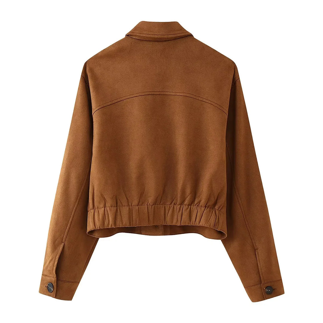 Women's short car coat jacket made of suede imitation with shirt collar and patch pockets Mune Fashion
