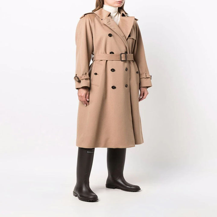 Women's Midi Length Wool Blend Trench Coat in Tailoring with Double Breasted, Waist Belt and Epaulettes Mune Fashion