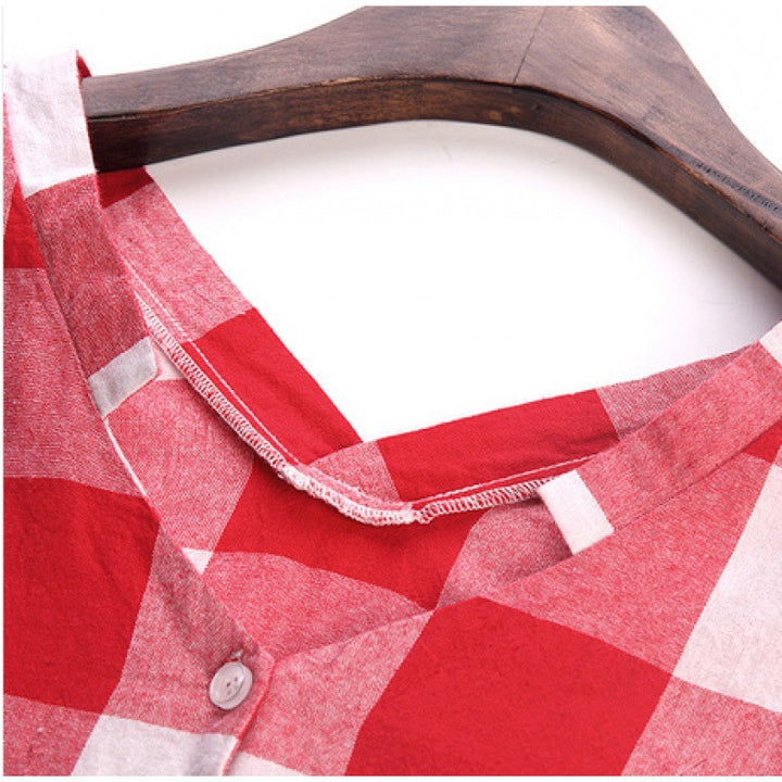 Women's loose checkered shirt blouse top with V-neck, 3/4 sleeves and high-low hem Mune Fashion