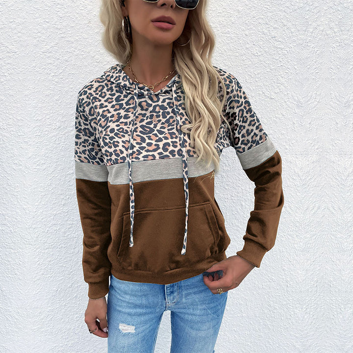 Women's hoodie with leopard print, color block insert and kangaroo pocket Mune Fashion