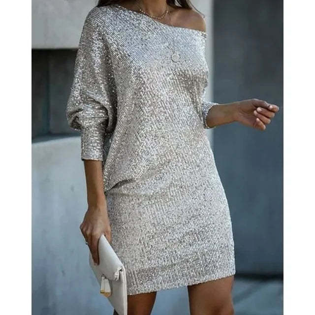 Women's Off-Shoulder Knit Mini Dress with Batwing Sleeves Drune
