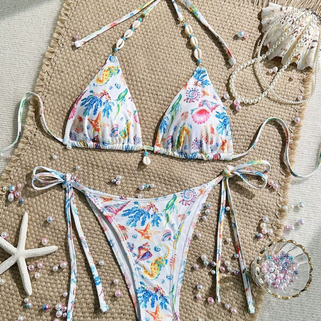 Women's triangle bikini with handmade shell embellishments Mune Fashion