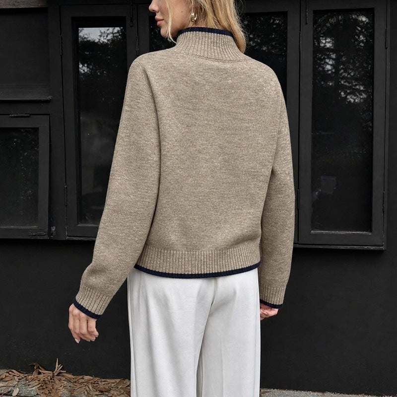 Women's Cashmere-Look Stand-Up Collar Sweater with Contrasted Cuffs Mune Fashion