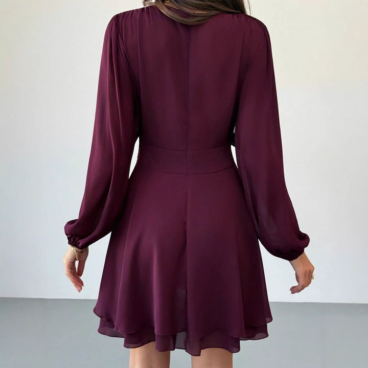 Women's Elegant flowing chiffon dress with gathered waist yoke, long balloon sleeves and tie collar Mune Fashion