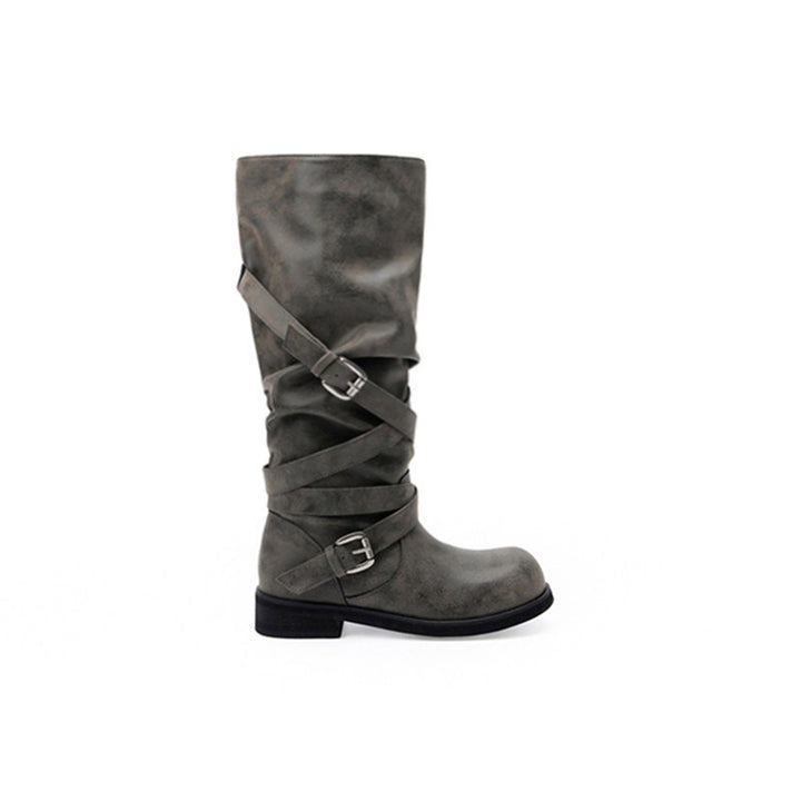 Women's Knee-High Biker Boots in Leather-Look with Adjustable Buckles Mune Fashion