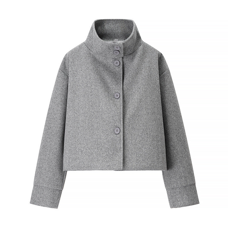 Women nan cropped wool blend jacket with high stand-up collar, boxy fit and concealed button placket Mune Fashion