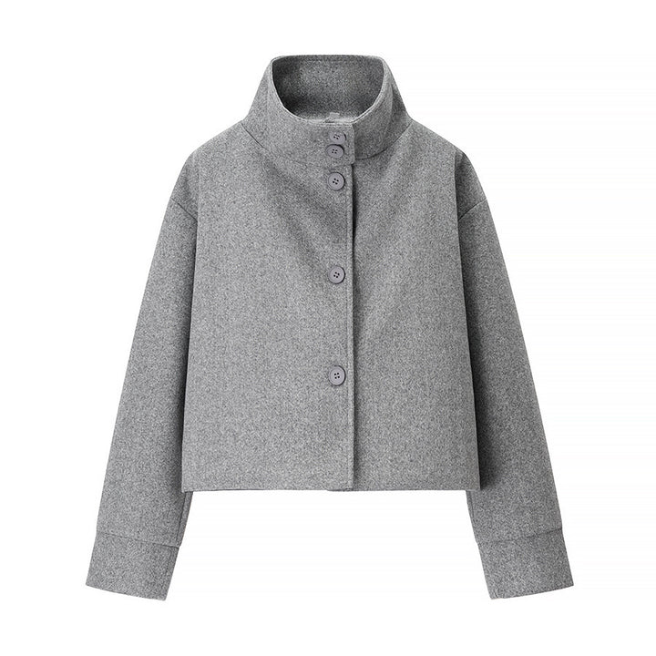 Women nan cropped wool blend jacket with high stand-up collar, boxy fit and concealed button placket Mune Fashion