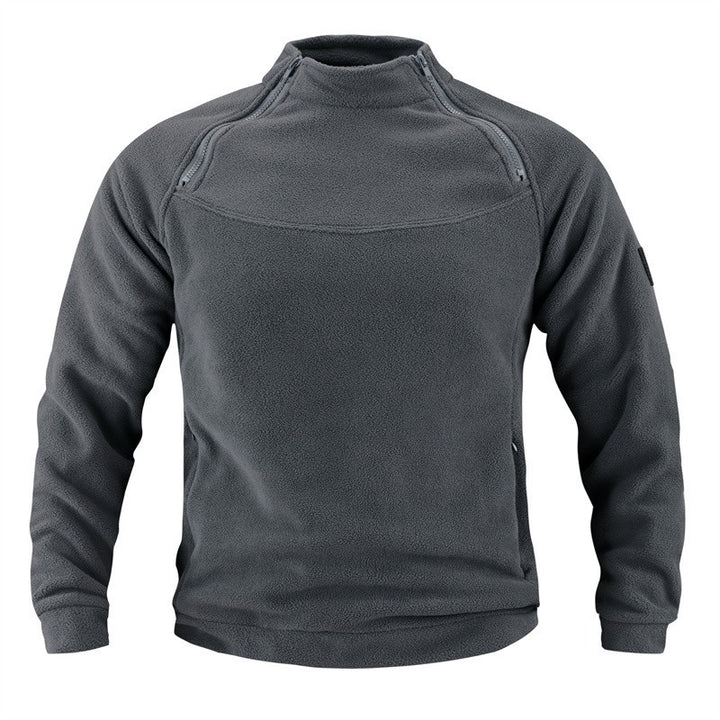 Men's tactical fleece pullover with shoulder zippers, chin guard, and Velcro panel Mune Fashion