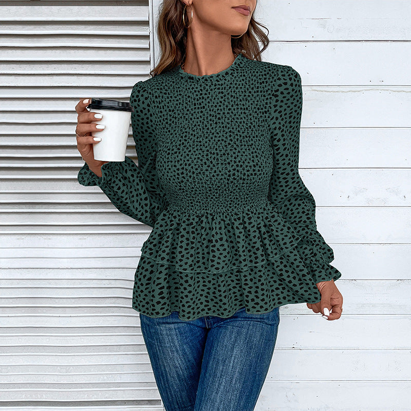 Women's Smocked Ruffle Blouse with Ruffled Waist and Long Sleeves Mune Fashion