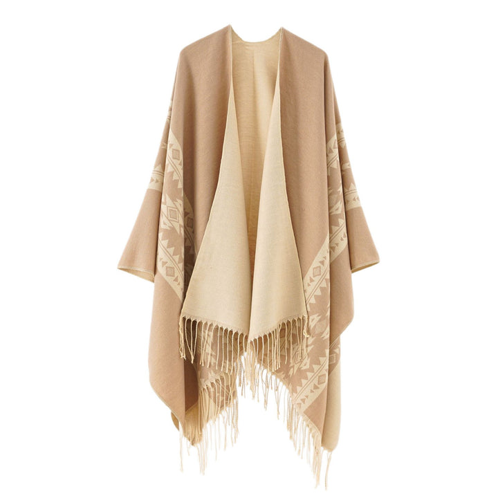Women's Oversize Poncho with Fringes and Jacquard Pattern Mune Fashion