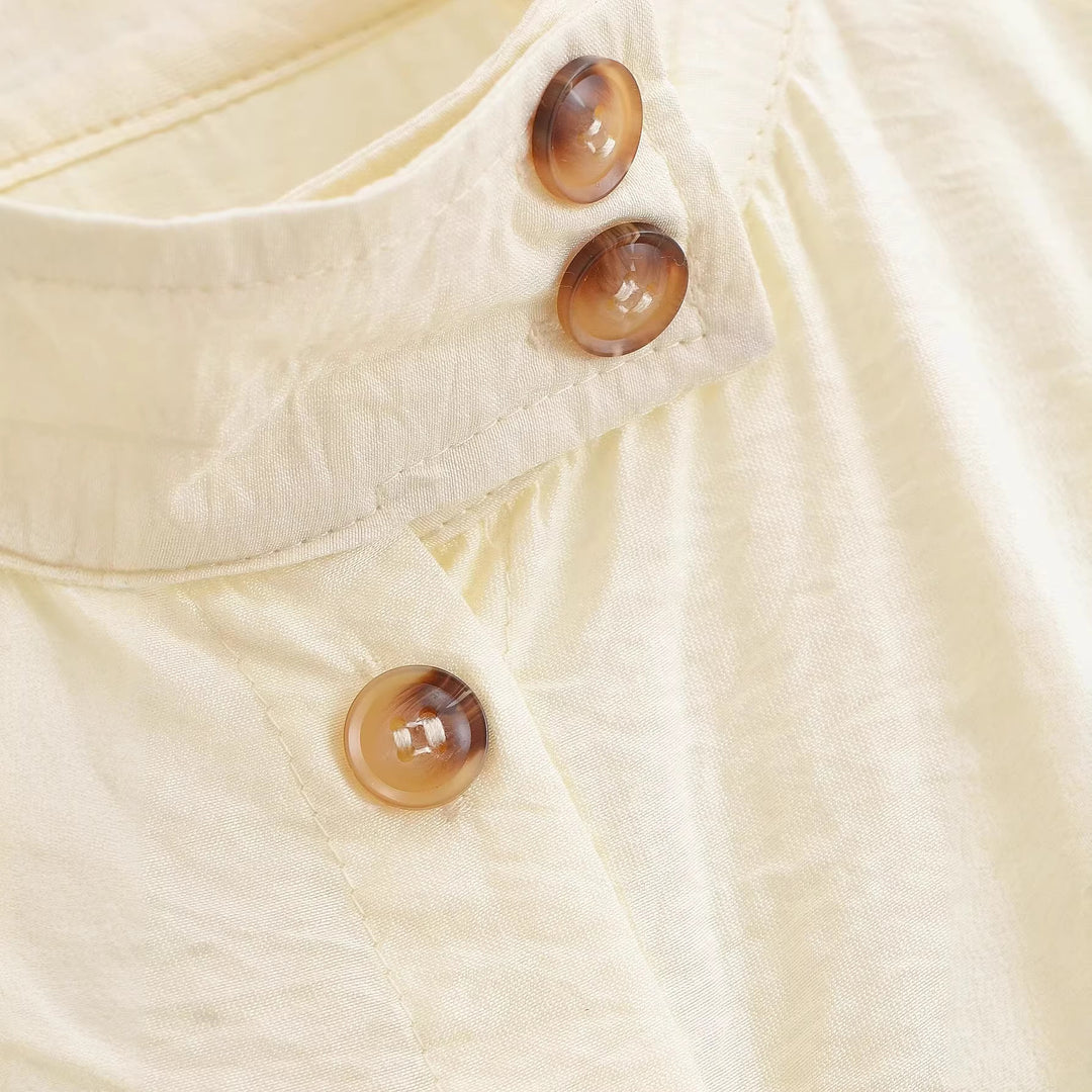 Women's Loose Silk-like Shirt with Stand Collar and Shoulder Straps Mune Fashion