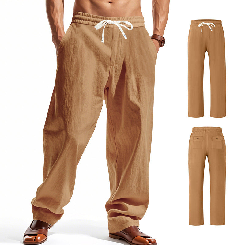 Men's wide comfort trousers in linen blend with elastic drawstring, straight leg, and patch back pockets Mune Fashion