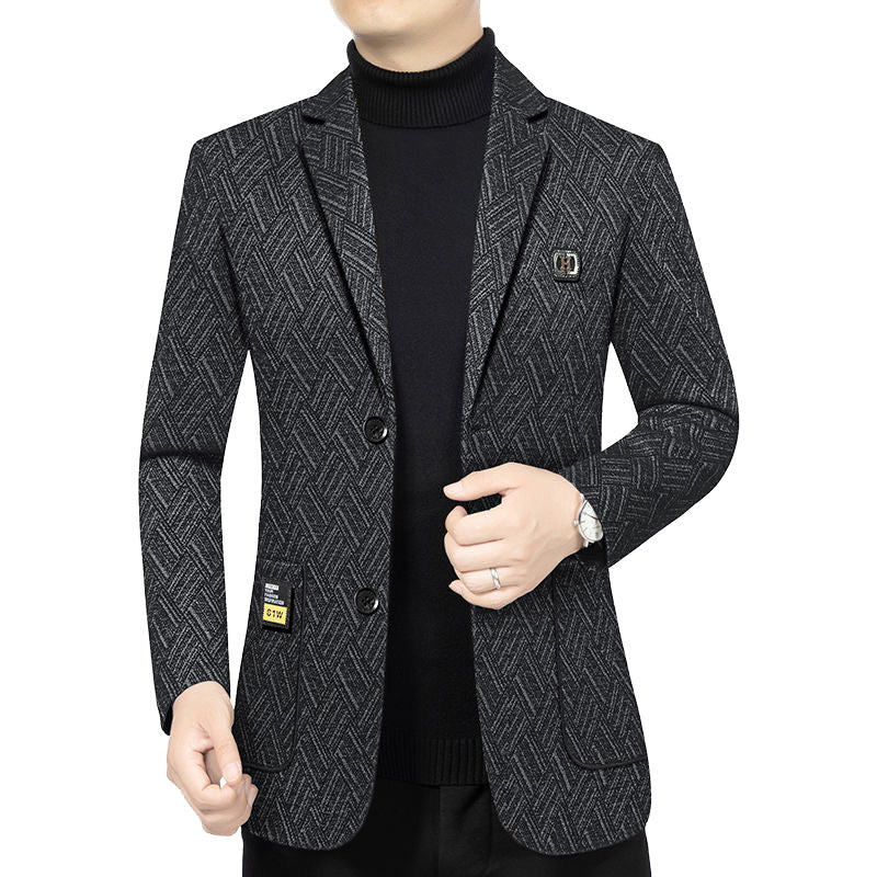 Men's Tailored Wool Look Blazer with Soft Faux Fur Lining and Herringbone Pattern Mune Fashion