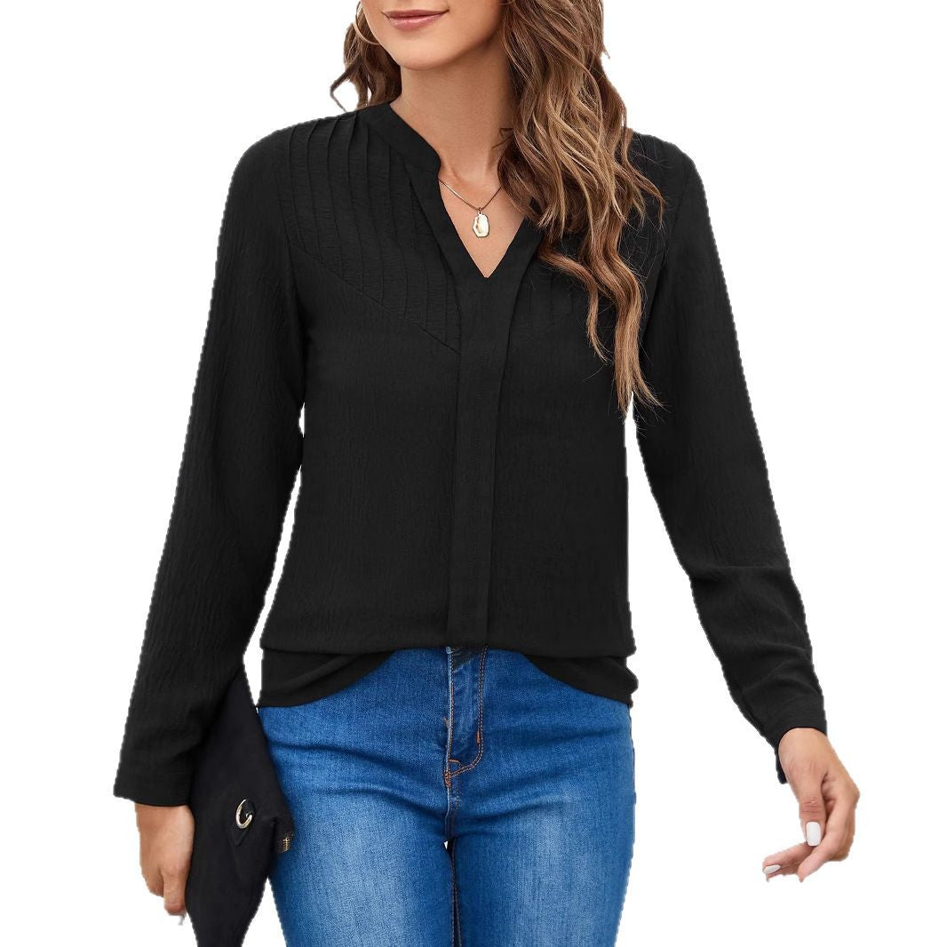 Ladies Fine Viscose Long Sleeve Blouse with Knife Pleats at the Top and Concealed Button Placket Mune Fashion