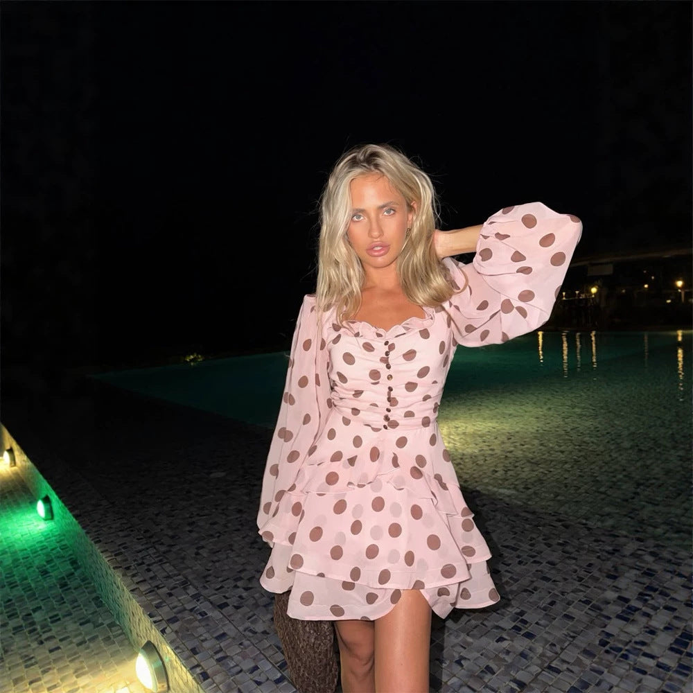 Women's Padded Chiffon Mini Dress with Ruffles, Puff Sleeves and Button Placket Mune Fashion