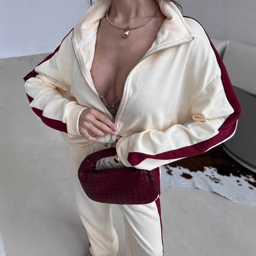 Women's loose zip sweat set with hood, high waistband and side contrast stripe Mune Fashion