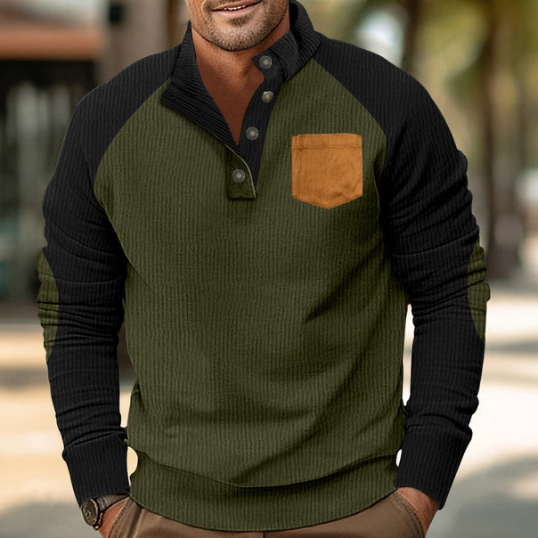 Men's structured half-button knit pullover in cord look with raglan sleeves, front chest pocket, and elbow patches Mune Fashion