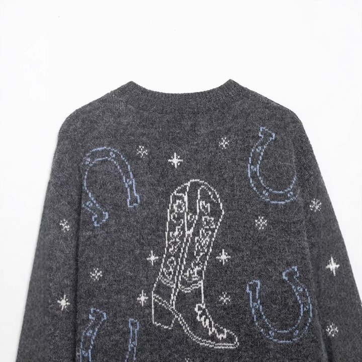 Women's knit cardigan with horse and horseshoe jacquard and decorative buttons Mune Fashion