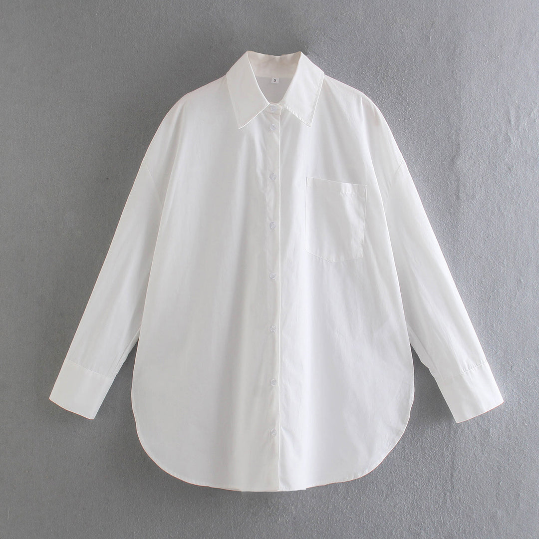 Women's Oversized Shirt Blouse with Round Hem, Chest Pocket and Dropped Shoulders Mune Fashion