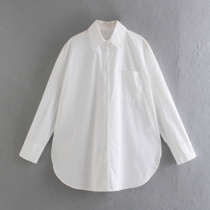 Women's Oversized Shirt Blouse with Round Hem, Chest Pocket and Dropped Shoulders Mune Fashion