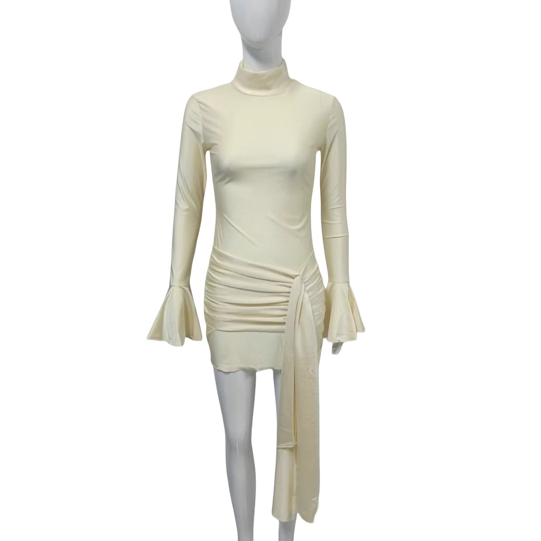 Women's Fitted Mini Dress with Turtleneck, Gathered, Tie Scarf and Bell Sleeves Mune Fashion
