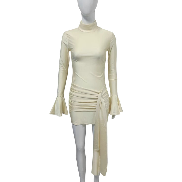 Women's Fitted Mini Dress with Turtleneck, Gathered, Tie Scarf and Bell Sleeves Mune Fashion