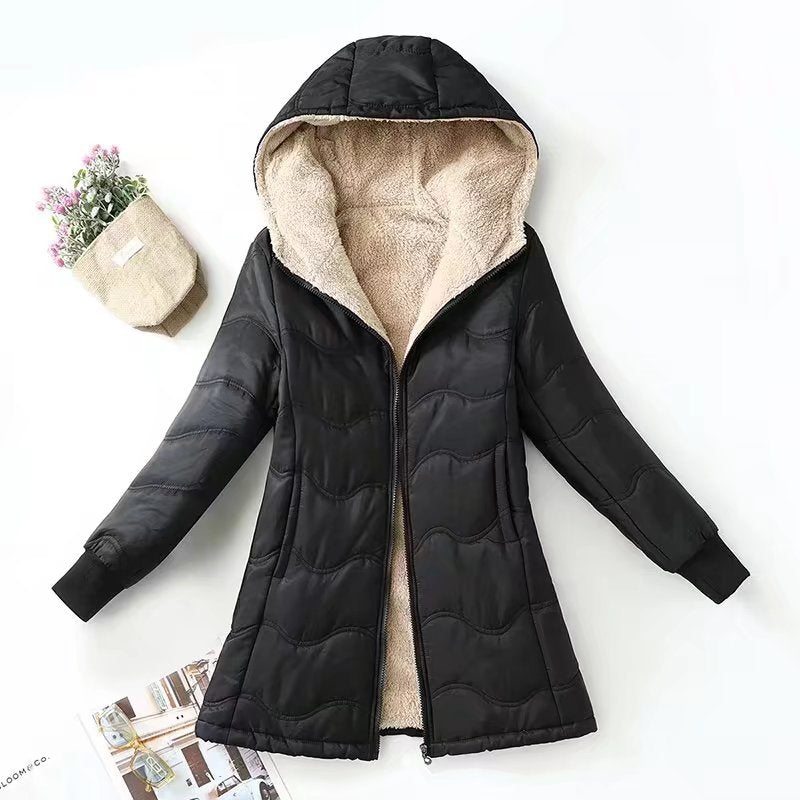 Women's A-line quilted coat with hood, teddy lining, and two-way zipper Mune Fashion