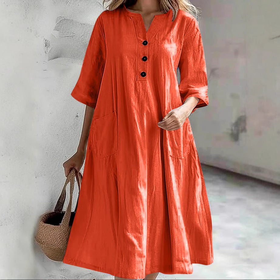 Women's casual falling A-line dress with V-neck button placket, 3/4 sleeves and patch pockets Mune Fashion