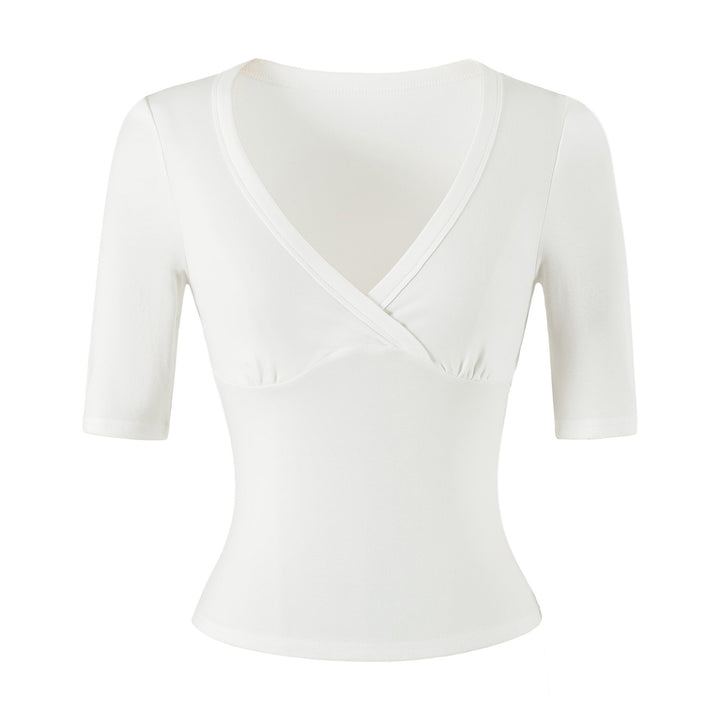 Women's body-hugging wrap shirt with deep V-neck, three-quarter sleeves, and waist accentuation Mune Fashion