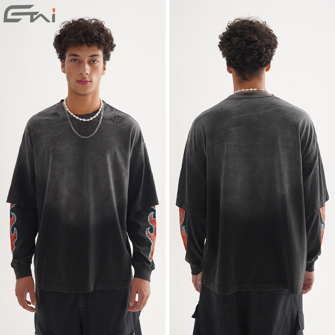 Men's Oversized Long Sleeve Shirt with Double Layer Look and Used Details Mune Fashion